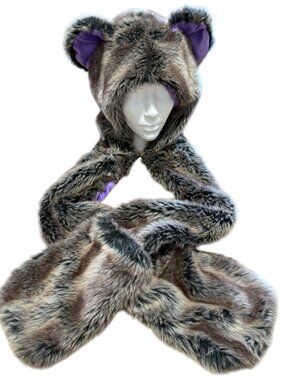 Wild Hats Faux Fur Bear Ear Hood Scarf Purple Lining Adult One Size